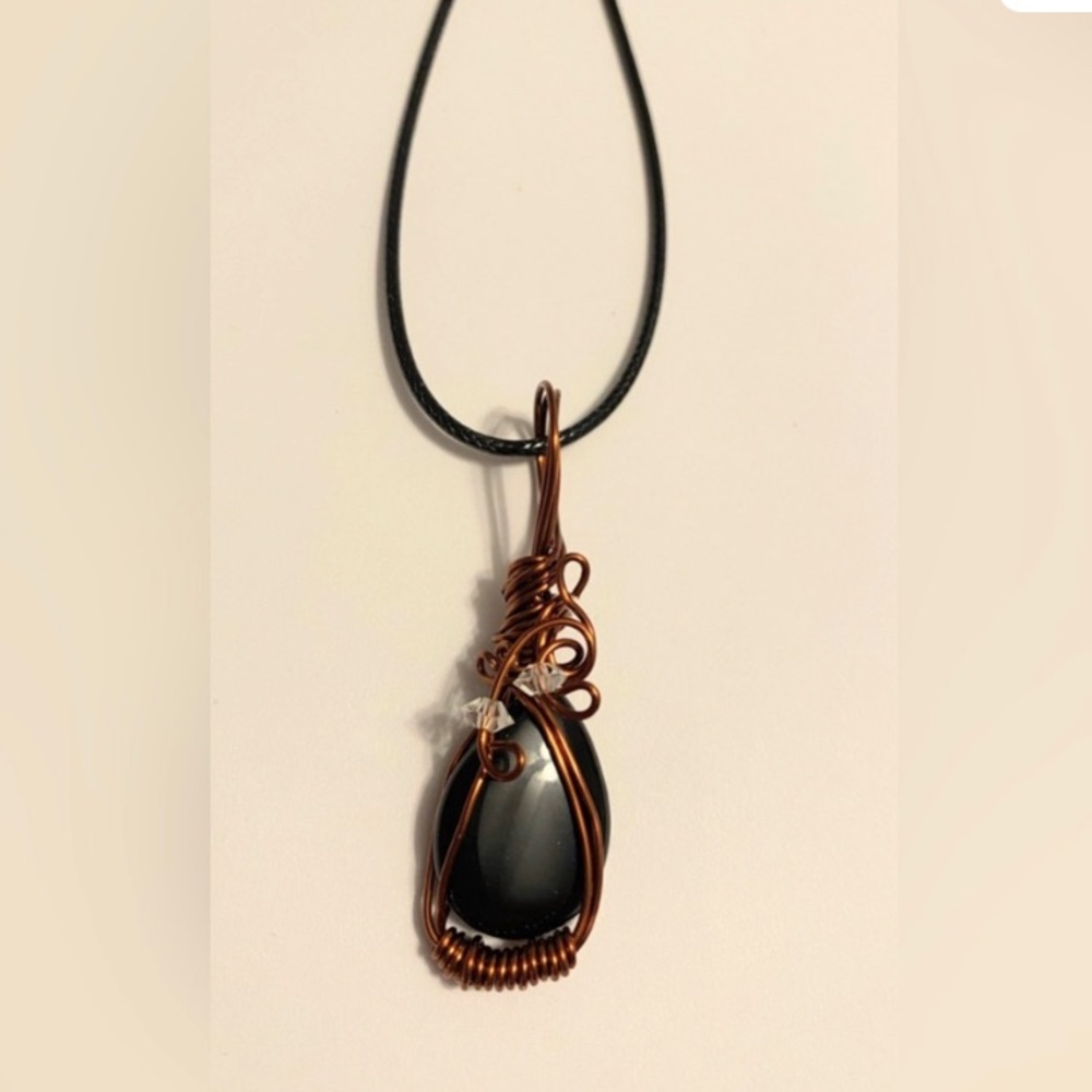 Elegant Copper Wire Wrapped Black Gemstone Pendant Necklace